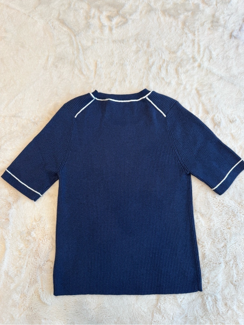 ATM, Small, Navy Short-Sleeves cashmere Knit blend Sweater with White Trim - Picture 7 of 11